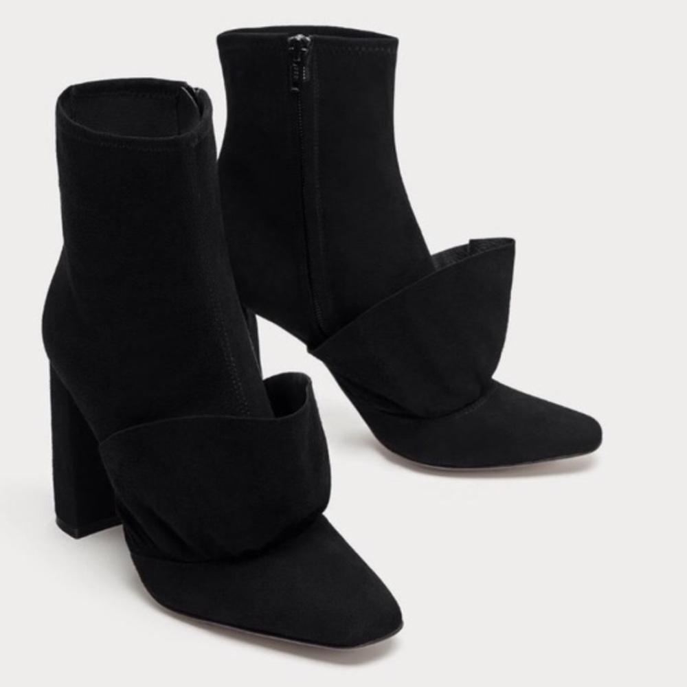 Zara Suede Ruffle Block Heel Point Toe Black Booties